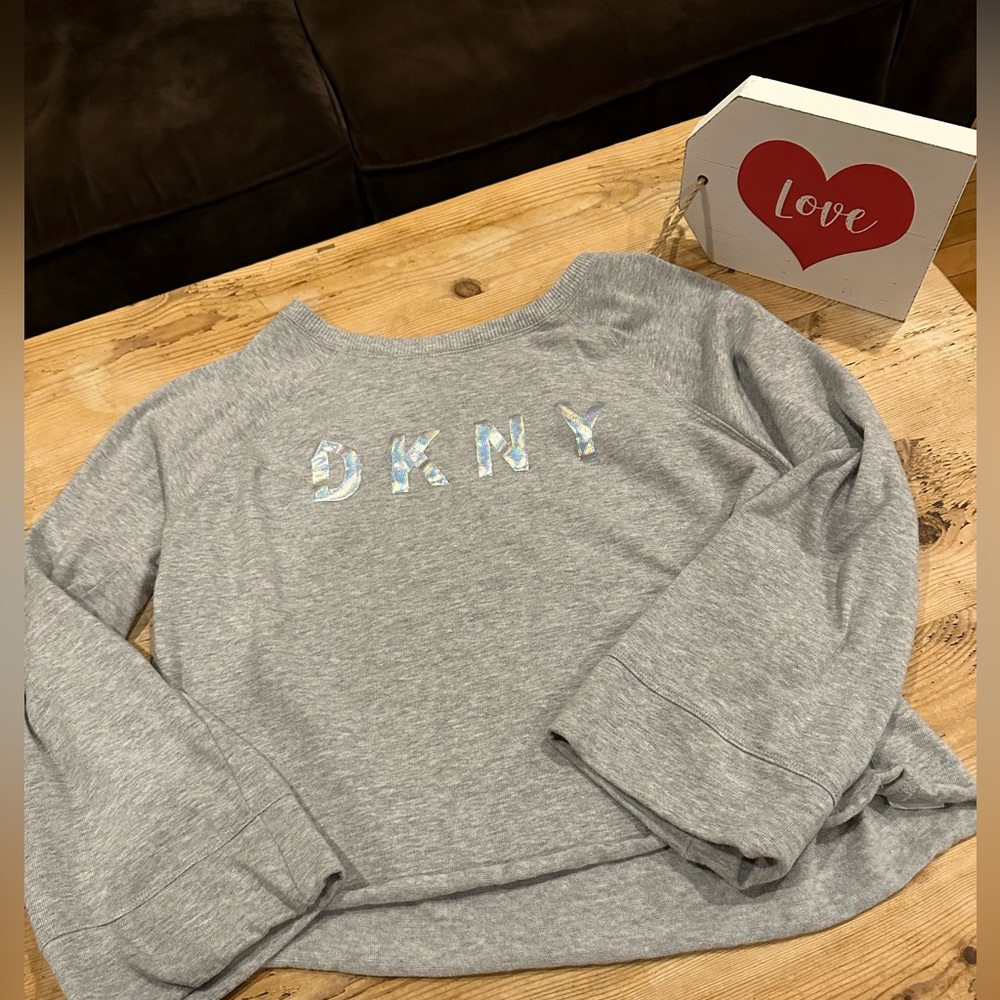 Cropped raw unfinished hem DKNY sweatshirt with wide arms - unique & flattering